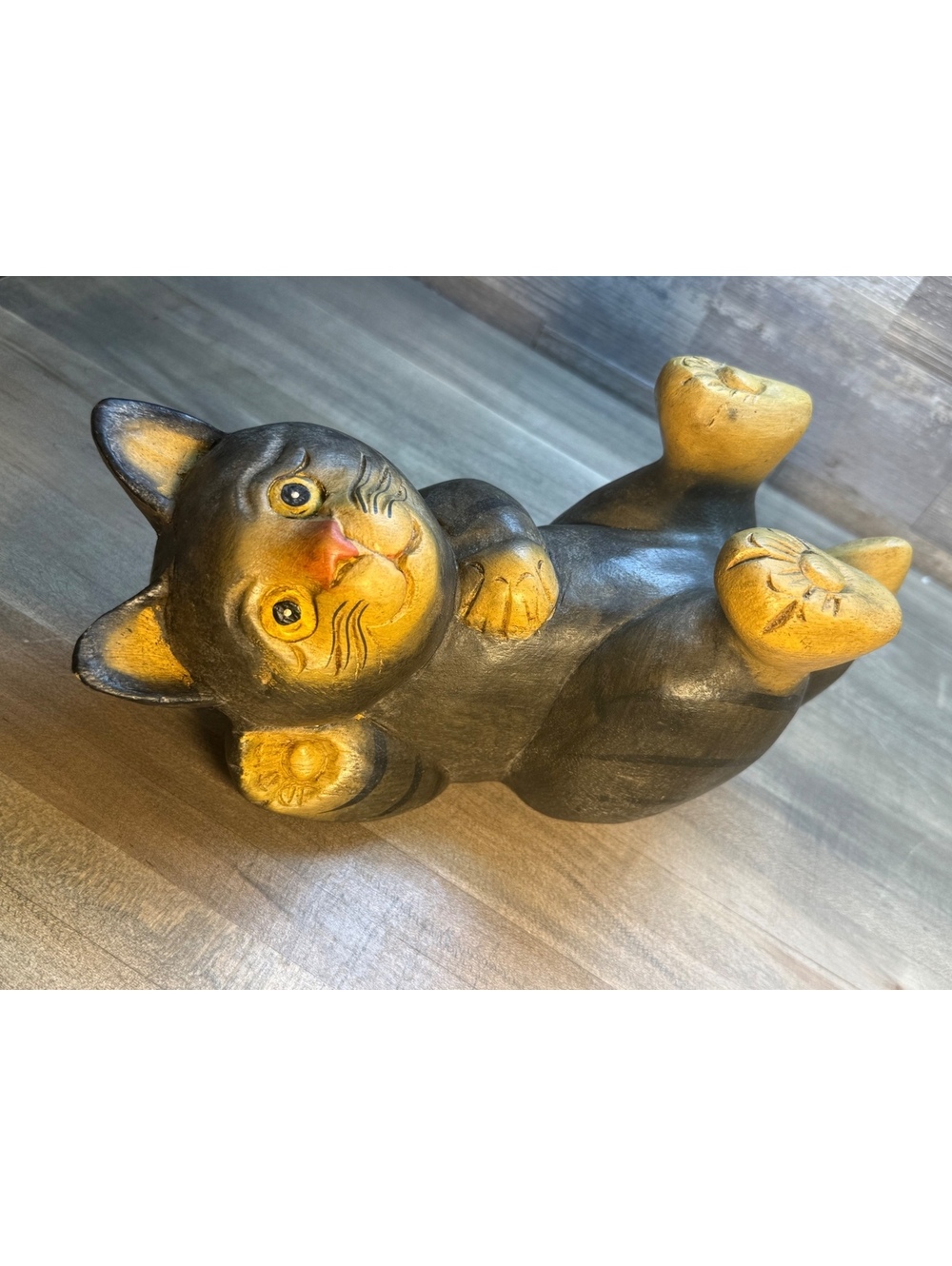 Hand Carved Wooden Cat Figurine Folk Art Painted Black & Gold 10” (B13/cp)